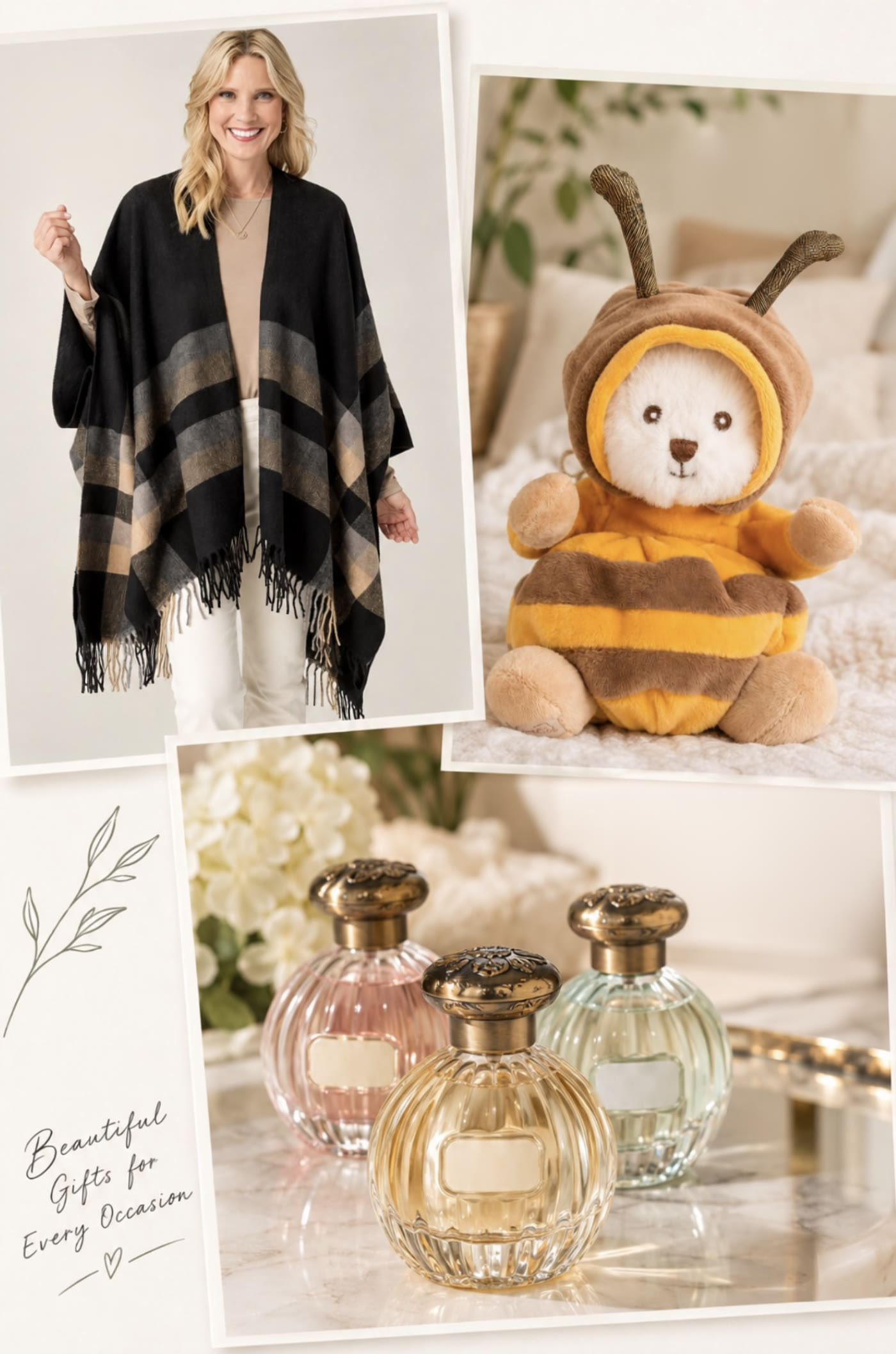 A curated selection of gifts: a cozy plaid wrap, a bumblebee plush bear, and elegant perfume bottles. Beautiful gifts for every occasion.